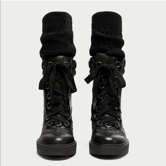 ZARA Lace Up Leather Wedge Stud Combat Boots - Picture 3 of 9